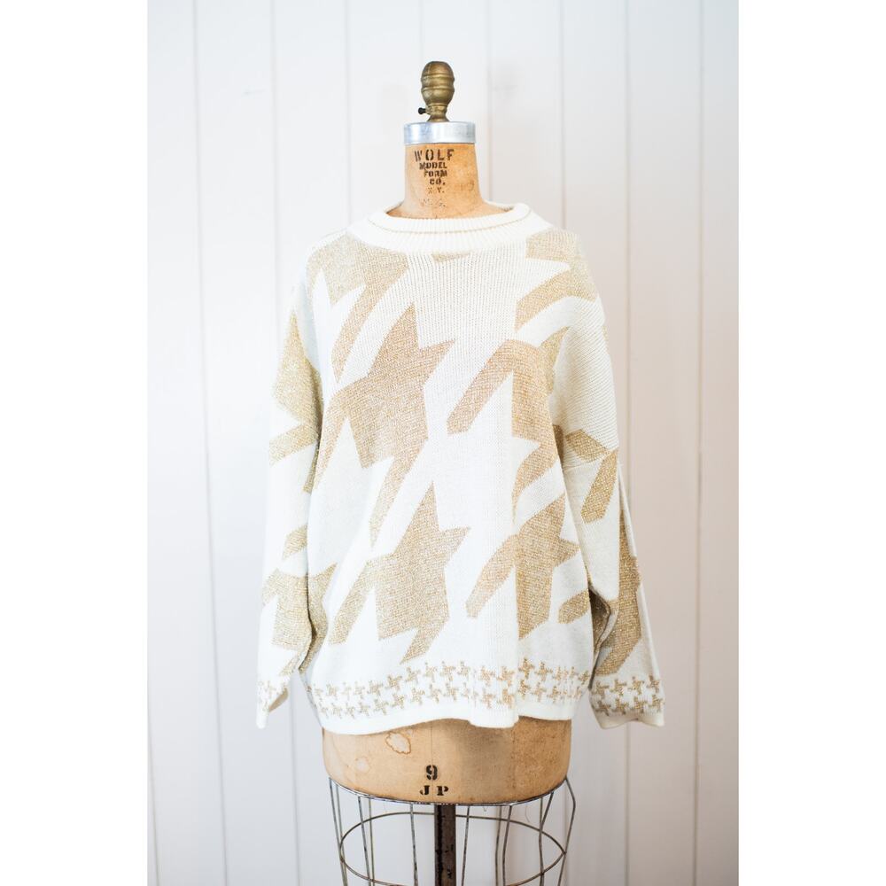 Vintage 80s Abstract Origami Sweater Cream Gold Metallic Artsy Neutral Knit, Lg